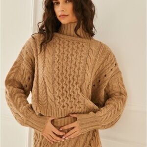 Something Navy Tan Cowl Neck Sweater with Chunky Knit and Oversized Fit